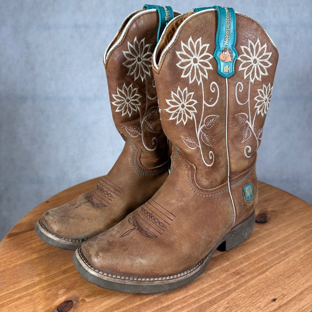 Nokota Horse Western Boots Kids 2.5 Brown Floral Embroidered Turquoise Good